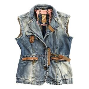 VTG Miss Sixty Y2K Denim Leather Biker Vest Made Italy Rare Women's M